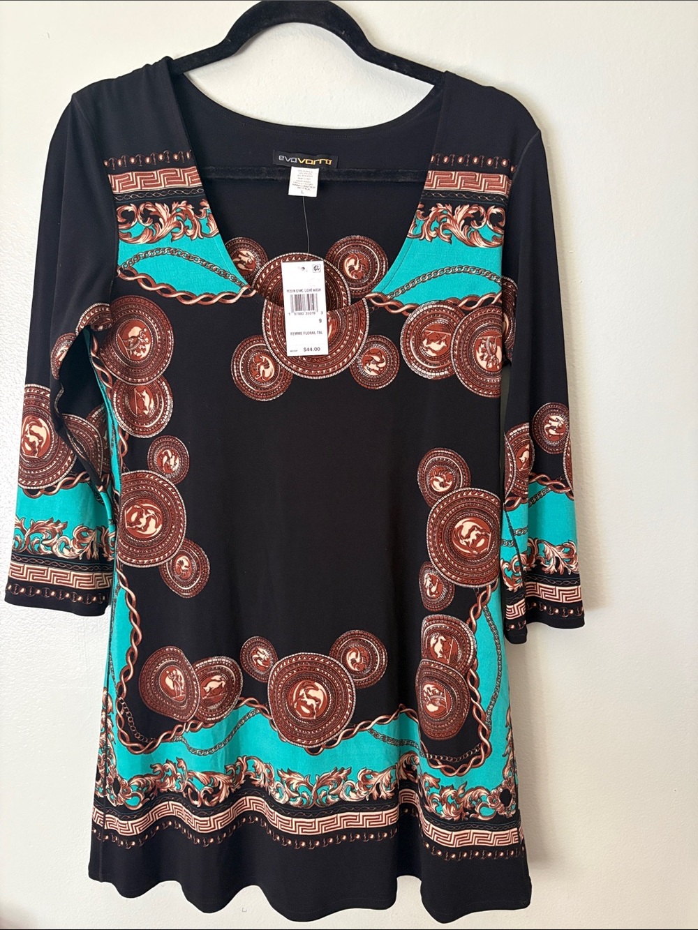 eva varro Black Tunic with Teal & Brown Medallion Print